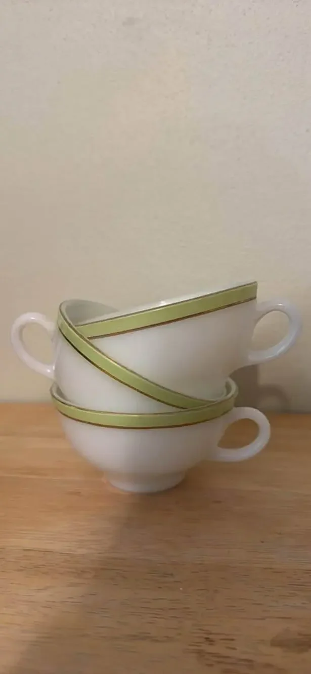 Pyrex Vintage Milk Glass Cups Green Gold Trim Set of 3